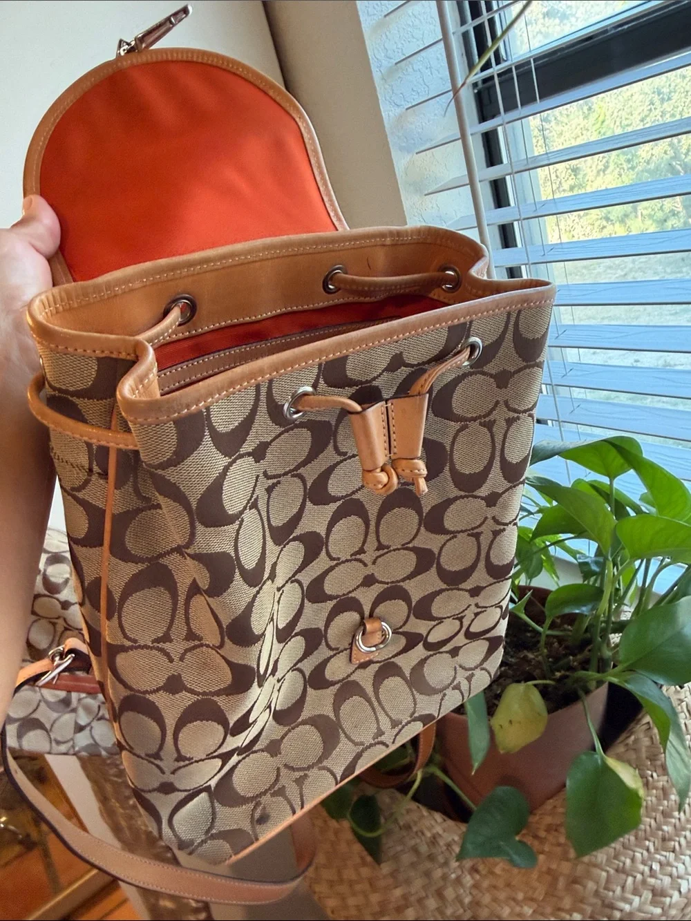 Vintage Coach 6613 Signature Jacquard Backpack Tan Leather Y2K